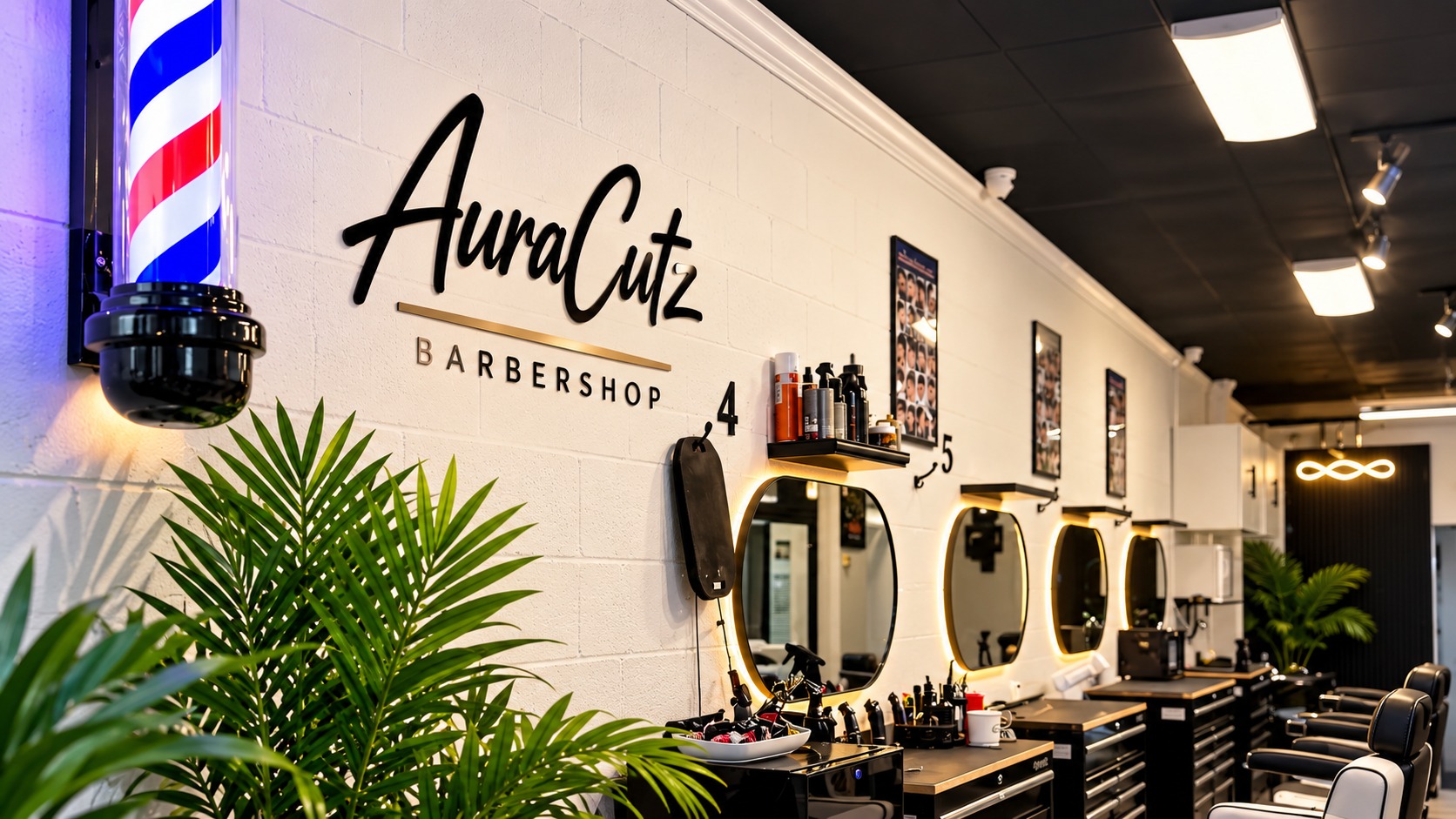 AuraCutz Barbershop interior with illuminated barber pole, branded wall, mirrors and barber stations