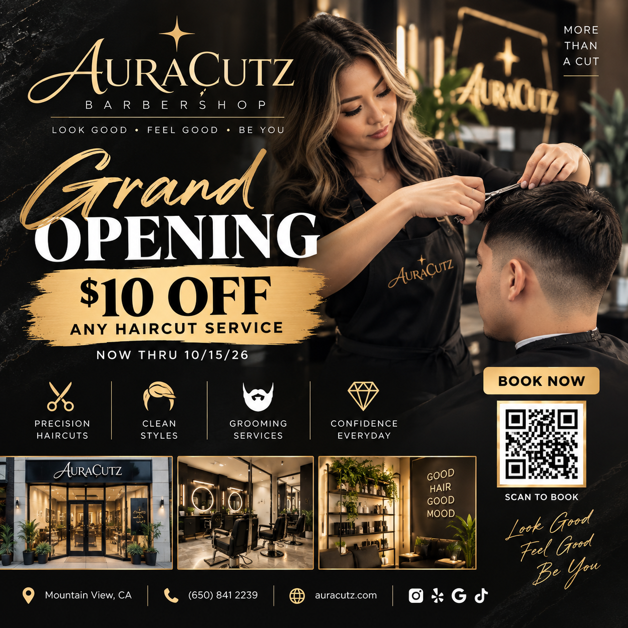 AuraCutz Grand Opening. $10 off any haircut service through October 15, 2026.